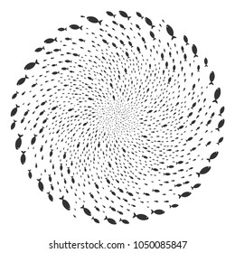 Fish cycle sphere. Object spiral organized from random fish items. Vector illustration style is flat iconic symbols.