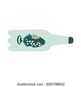 Pescado muerto en plástico contaminación oceánica de color vectorial dibujado a mano con ilustración plana. Concepto de protección del medio ambiente 
