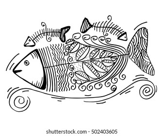 Fish decorative style. Hand drawing illustration