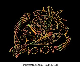 Fish decorative style. Hand drawing illustration