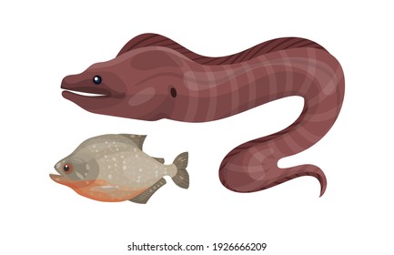 Fish from Deep Sea as Gill-bearing Aquatic Animals Vector Set