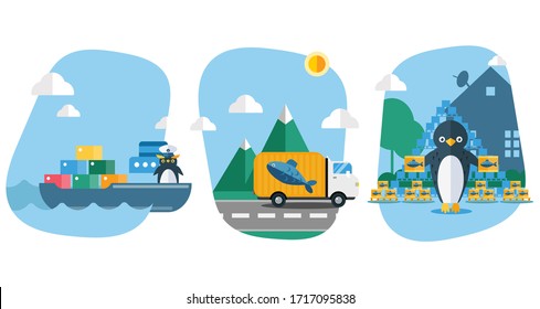 Fish delivery for penguins vector illustration. Bird carries goods, seafood in containers on ship. Truck transport fish for animal, banner happy penguin character with treat at home.