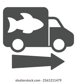 Fish delivery truck solid icon, fishery product concept. Vector graphics. Vehicle transport with fish sign on white background, glyph style icon for mobile or web design