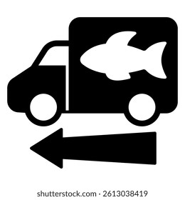Fish delivery truck solid icon, fishery product concept. Vector graphics. Vehicle transport with fish sign on white background, glyph style mobile or design