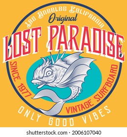 Fish design with text Lost in paradise Varsity design for fashion
