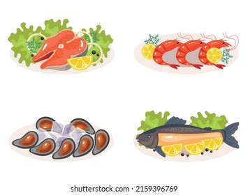 Fish diah sea food on plate isolated set. Vector flat cartoon graphic design illustration