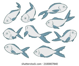 Colección de imágenes aisladas de dibujos animados con peces diferentes 