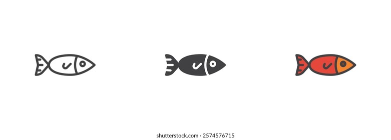 Fish different style icon set. Line, glyph and filled outline colorful version, outline and filled vector sign. Symbol, logo illustration. Vector graphics