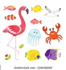 Fish different types set vector, flamingo pink bird with jellyfish. Crab and seagull, flower and flora foliage of exotic area. Jellyfish and crayfish