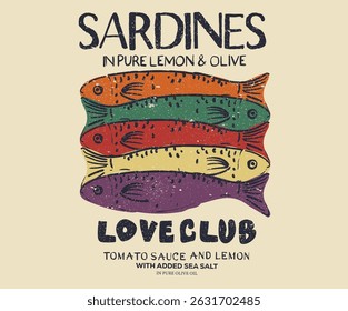 Fish digital painting. Seafood t shirt design. Sardines love club. Canned fish artwork. Sardines fish with olive and lemon artwork for t shirt print, poster, sticker and other uses.