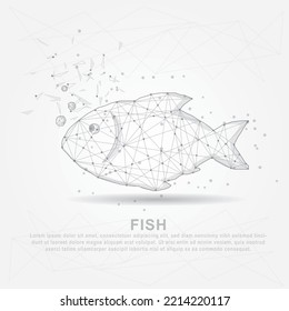 Fish digitally drawn in the form of broken a part triangle shape and scattered dots low poly wire frame.