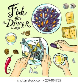 fish for dinner- hand-draw beautiful illustration with seafood