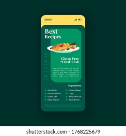 Fish dish best recipe smartphone interface vector template. Mobile app page green design layout. Gluten free fried seafood screen. Flat UI for application. Meal preparation. Phone display