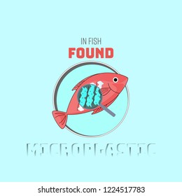 Fish dish with contamination of plastic particles enlargement. Microplastic found concept. Vector illustration. 