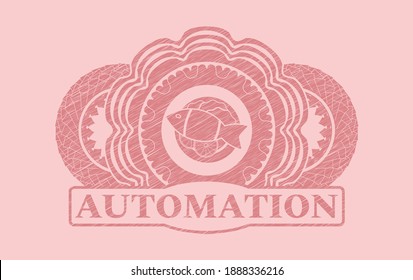 ícono de plato de pescado y texto de automatización Insignia de trazo rosado. Color rosa delicado fondo. Ilustración intensa. 