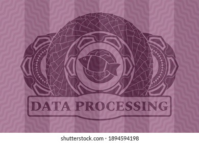 fish dish icon and Data processing text pink wavy realistic badge. Curve fancy background. Artistic illustration. 