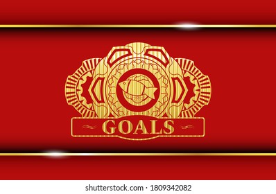 fish dish icon and Goals text Gold and Red realistic badge. Traditional handsome background. Illustration. 