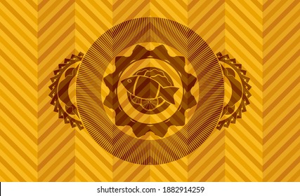 ícono de plato de pescado dentro de la placa realista naranja abstracta. Fondo geométrico de moda. Ilustración artística. 