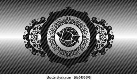 fish dish icon inside carbon fiber realistic emblem. Polymer texture classic background. Illustration. 