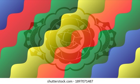 fish dish icon inside Colorful candy realistic badge. Curvy exquisite background. Illustration. 