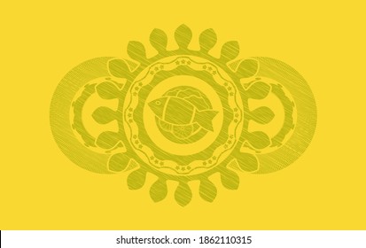 fish dish icon inside Yellow stroke realistic emblem. Lemon graceful background. Vector illustration. 