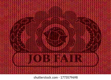 fish dish icon and Job fair text Red woolen fabric emblem. Cloth fancy background. Artistic illustration. 