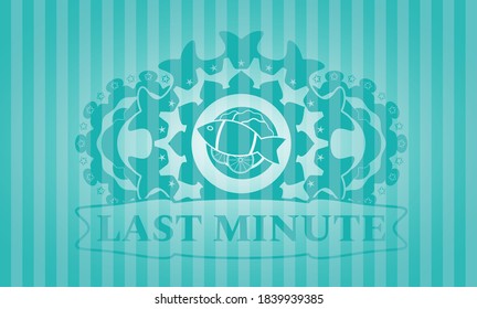 fish dish icon and Last Minute text Turquoise color realistic emblem. Bars classic background. Artistic illustration. 