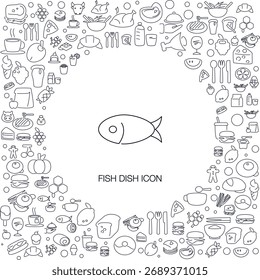 Icono de plato de pescado, estilo de línea con fondo de mosaico, ideal para el Web y el uso de fondo.