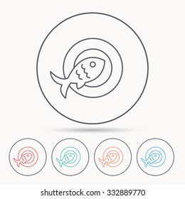 Fish dish icon. Natural seafood symbol. Linear circle icons.