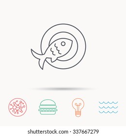 Fish dish icon. Natural seafood symbol. Global connect network, ocean wave and burger icons. Lightbulb lamp symbol.