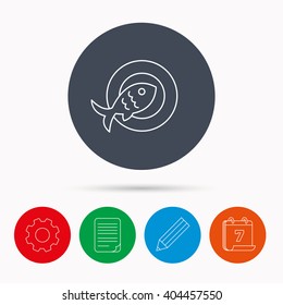 Fish dish icon. Natural seafood symbol. Calendar, cogwheel, document file and pencil icons.