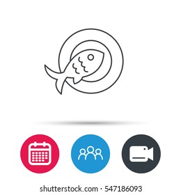 Fish dish icon. Natural seafood symbol. Group of people, video cam and calendar icons. Vector