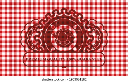 icono de plato de pescado y calidad Premium 100% garantía de texto emblema de manteles de cuadros rojos. Restaurante de ambiente clásico. Ilustración artística. 