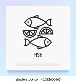 Fish dish with lemon thin line icon. Modern vector illustration for logo.