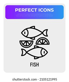 Plato de pescado con icono de línea delgada de limón. Ilustración vectorial moderna para el logotipo.