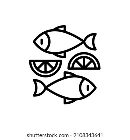 Fish dish with lemon thin line icon. Modern vector illustration for logo.