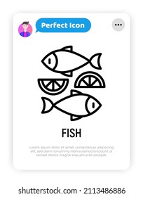 Fish dish with lemon thin line icon. Modern vector illustration for logo.