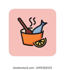 Fish dish line icon. Soup, lemon, spoon. Seafood concept. Can be used for topics like eating, restaurant meal, cooking