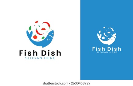 Fish dish logo design. Seafood restaurant symbol with fish, tomato, chili, and leaf concept. Fresh cuisine vector template