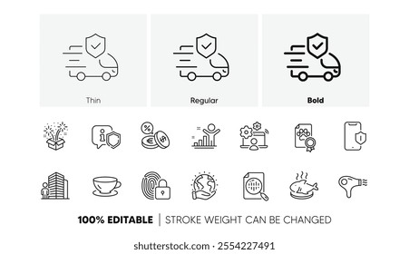 Fish dish, Online job and Lock line icons. Pack of Smartphone protection, Currency exchange, Hair dryer icon. Save planet, Winner, Transport insurance pictogram. Dog certificate, Agent. Vector