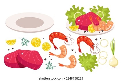 Fish dish seafood meal isolated set. Cooking ingredient restaurant menu concept. Vector cartoon graphic design element illustration