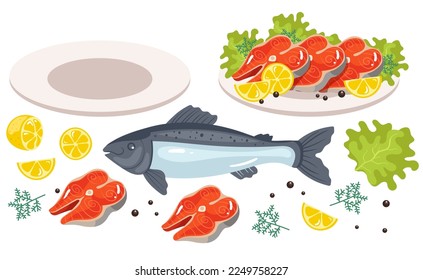 Platos de pescado y marisco aislados en el restaurante. El concepto de menú del restaurante de ingredientes de cocina. Ilustración de elementos de diseño gráfico de dibujos animados