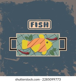 Plato de pescado, porción, café, cena, vintage, retro, gráficos vectoriales, afiche, logotipo, icono, pegatina