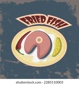 Plato de pescado, filete de pescado, porción, café, cena, vintage, retro, gráficos vectoriales, afiche, logo, icono, pegatina.
