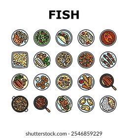 Iconos de platos de pescado Conjunto de Vector Chips Ceviche Tacos Tarta de curry de bacalao al horno Sopa escalfada Estofado Kebabs Pasteles ennegrecidos Platos de pescado Línea de color Ilustraciones