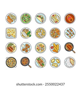 Iconos de platos de pescado Conjunto de Vector Chips Ceviche Tacos Tarta de curry de bacalao al horno Sopa escalfada Estofado Kebabs Pasteles ennegrecidos Platos de pescado Línea de color Ilustraciones