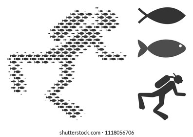 Fish diver halftone mosaic. Vector fish symbols are united into diver collage. Fishery design concept.