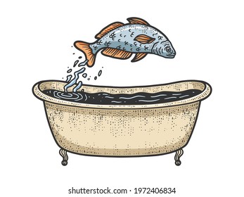 fish dives in the bath color sketch engraving vector illustration. T-shirt apparel print design. Scratch board imitation. Black and white hand drawn image.