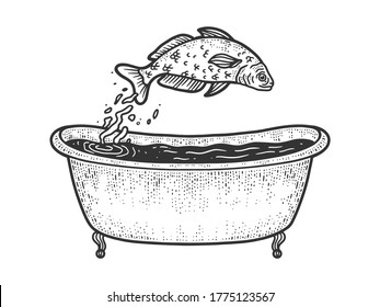 fish dives in the bath sketch engraving vector illustration. T-shirt apparel print design. Scratch board imitation. Black and white hand drawn image.