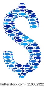Fish dollar composition in blue color tinges. Vector fish icons are combined into dollar mosaic. Eco design concept.